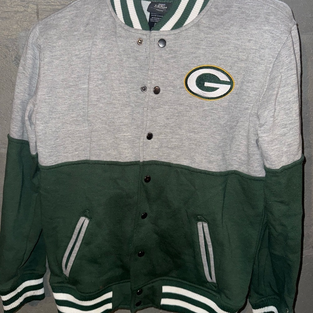 Green Bay Youth Varsity Jacket – Size M – Bold Logo – Green & Gray